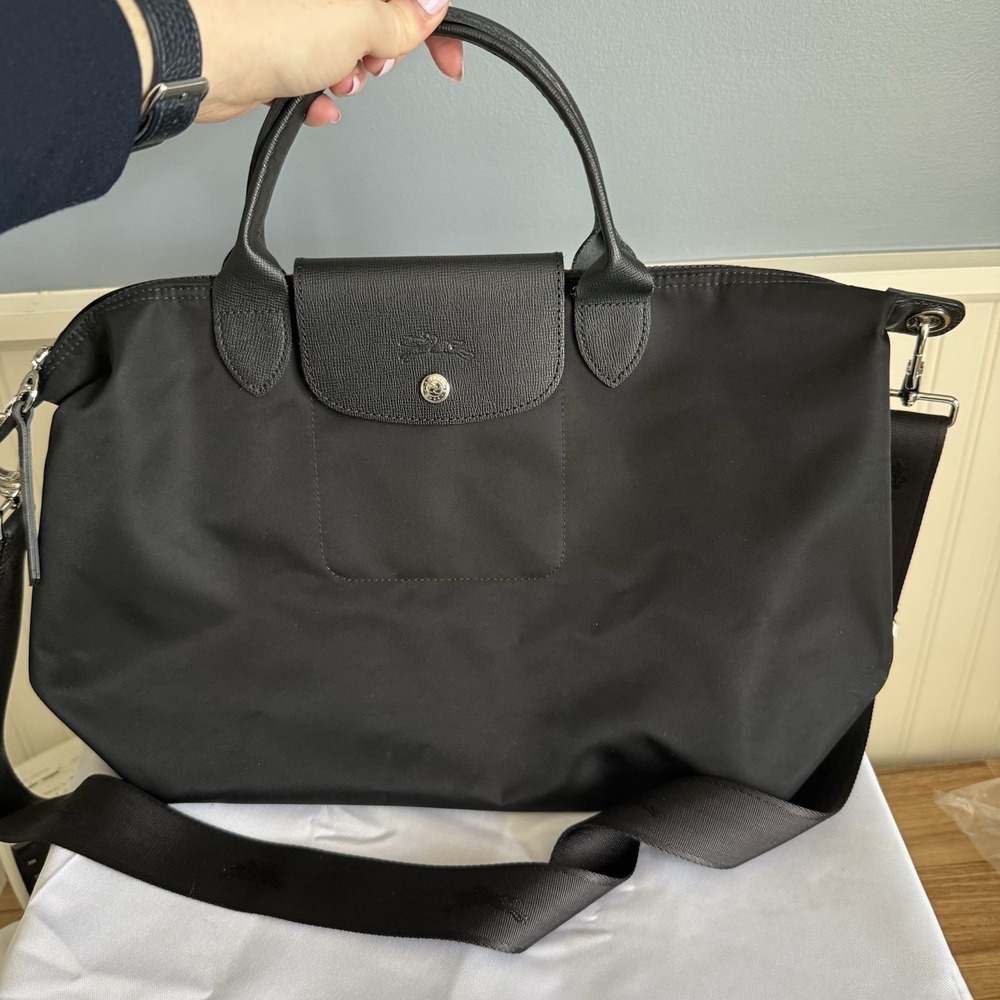 Longchamp Le Pliage Black Nylon Tote Shoulder Crossbody Bag Purse Overnight